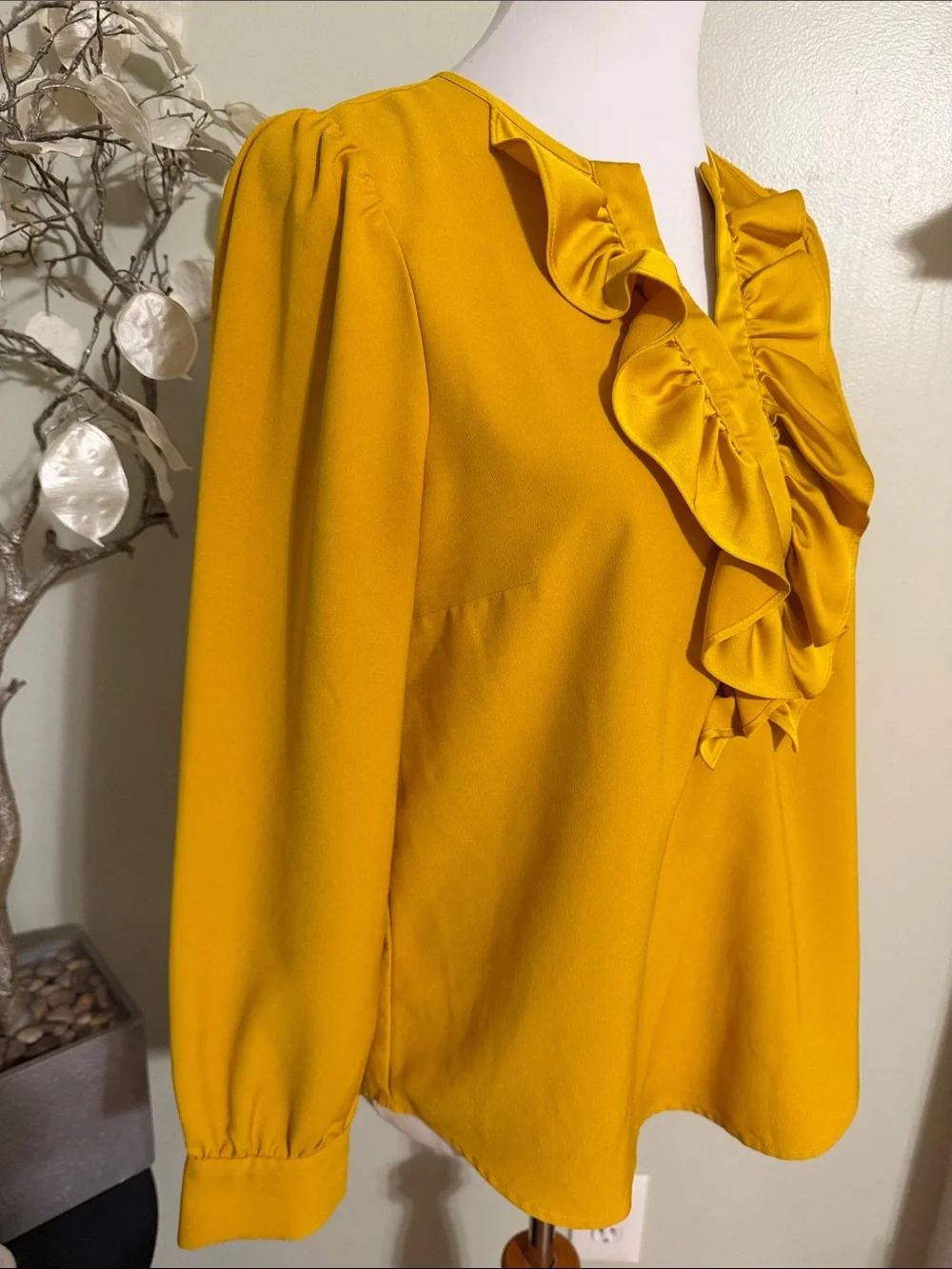 J. Crew Mustard Ruffle V-Neck Blouse